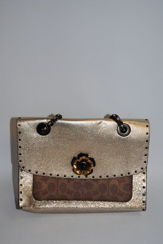 rose gold Coach Parker Shoulder Bag with Tea Rose Turnlock, Length: 10 in (25.5 cm) Height: 6.5 in (16.5 cm) Depth: 3.5 in (9 cm) Strap Drop: 11.5 in (doubled), 21 in (long crossbody)