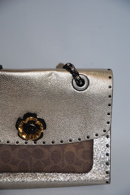 rose gold Coach Parker Shoulder Bag with Tea Rose Turnlock, Length: 10 in (25.5 cm) Height: 6.5 in (16.5 cm) Depth: 3.5 in (9 cm) Strap Drop: 11.5 in (doubled), 21 in (long crossbody)