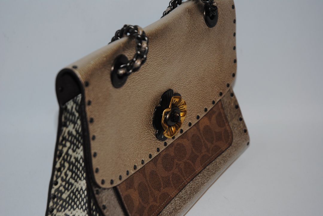 rose gold Coach Parker Shoulder Bag with Tea Rose Turnlock, Length: 10 in (25.5 cm) Height: 6.5 in (16.5 cm) Depth: 3.5 in (9 cm) Strap Drop: 11.5 in (doubled), 21 in (long crossbody)