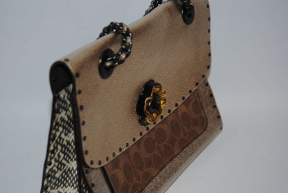 rose gold Coach Parker Shoulder Bag with Tea Rose Turnlock, Length: 10 in (25.5 cm) Height: 6.5 in (16.5 cm) Depth: 3.5 in (9 cm) Strap Drop: 11.5 in (doubled), 21 in (long crossbody)