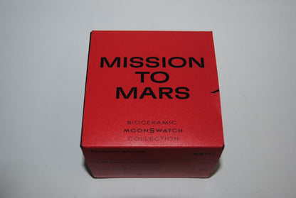 red and white Omega x Swatch Bioceramic Moonswatch “Mission to Mars”, Case Size: 42 mm Case Thickness: 13 mm Strap: Velcro fabric strap, adjustable