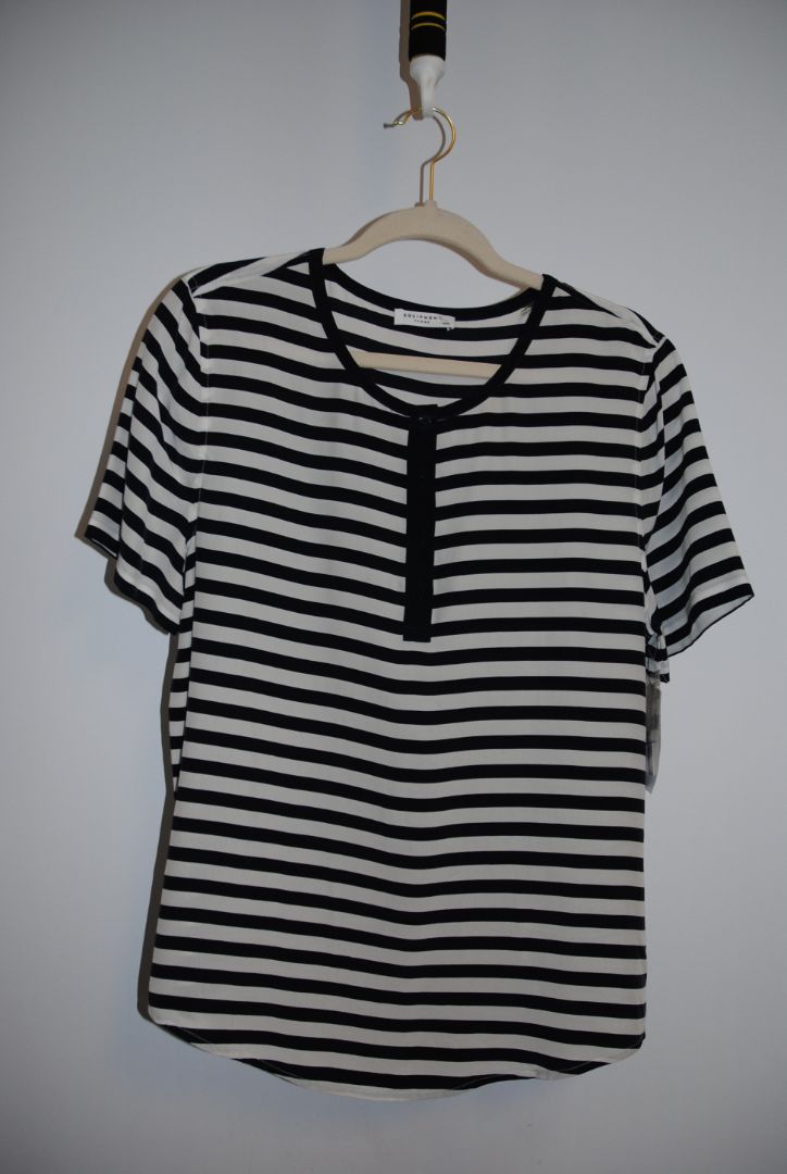 navy and white Equipment striped silk blouse, Bust: 19 in (48 cm) Length: 25 in (64 cm) Sleeve: 7 in (18 cm)(Relaxed, slightly curved hem)