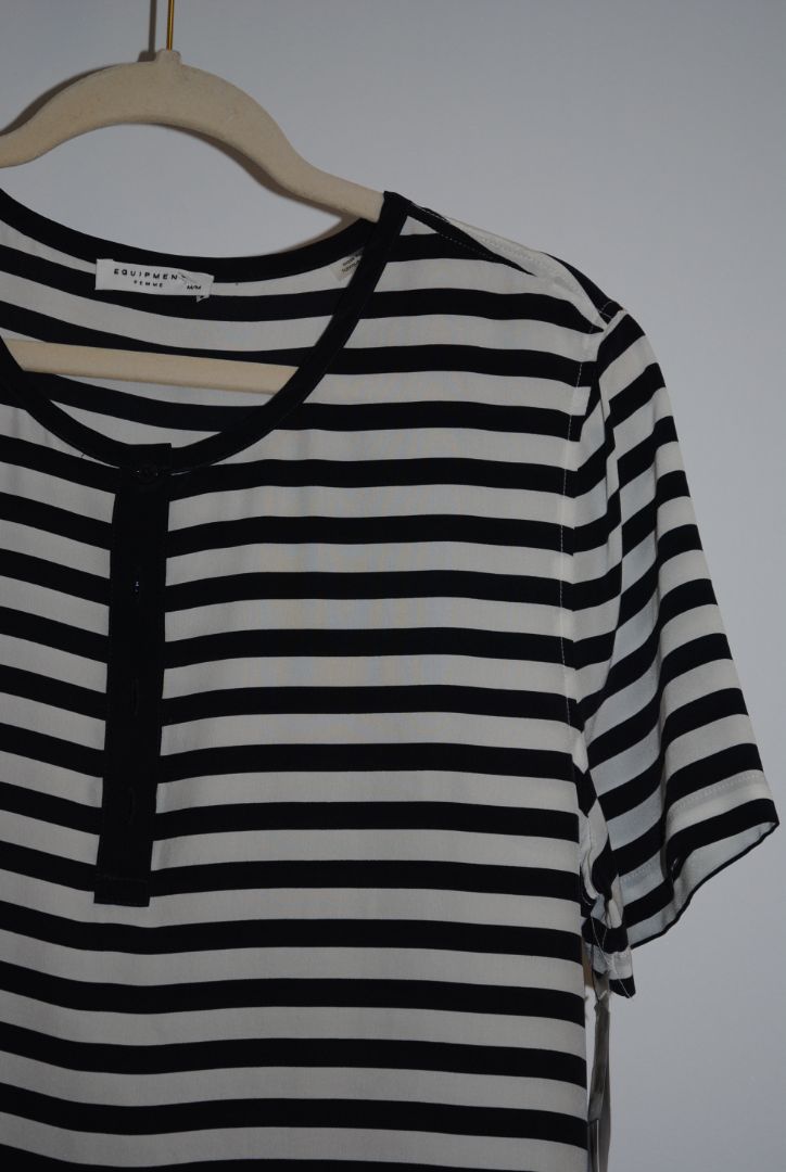 navy and white Equipment striped silk blouse, Bust: 19 in (48 cm) Length: 25 in (64 cm) Sleeve: 7 in (18 cm)(Relaxed, slightly curved hem)