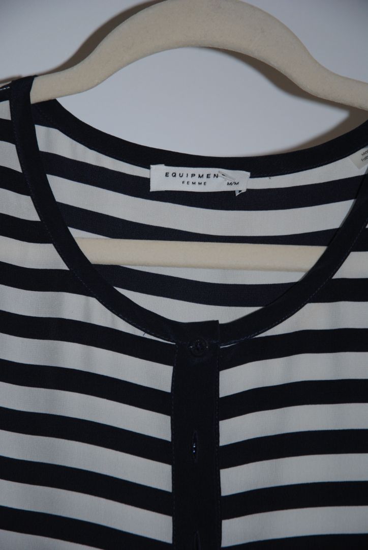 navy and white Equipment striped silk blouse, Bust: 19 in (48 cm) Length: 25 in (64 cm) Sleeve: 7 in (18 cm)(Relaxed, slightly curved hem)