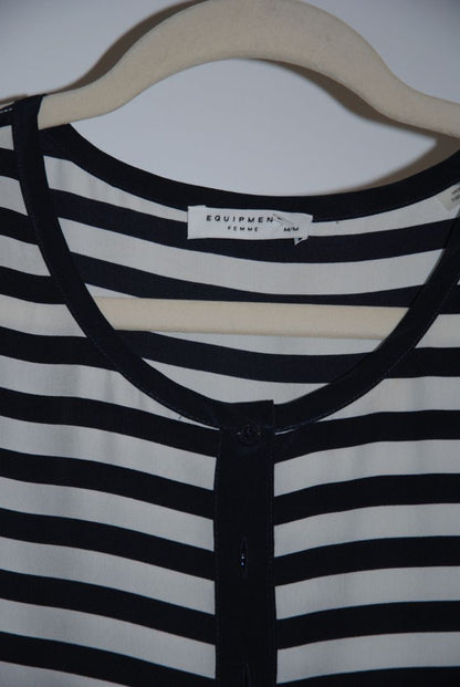 navy and white Equipment striped silk blouse, Bust: 19 in (48 cm) Length: 25 in (64 cm) Sleeve: 7 in (18 cm)(Relaxed, slightly curved hem)