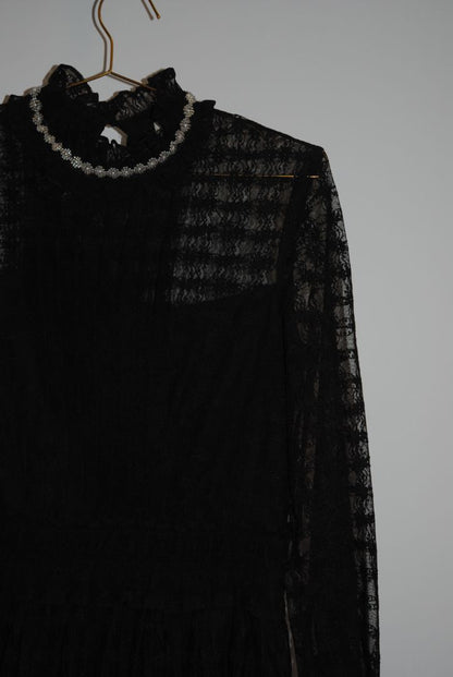 black Sandro lace tiered dress with sleeves and pearls, Dimensions / Fit: Knee-length (approx. 36–38”), fitted waist, high neck