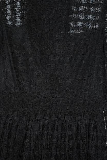 black Sandro lace tiered dress with sleeves and pearls, Dimensions / Fit: Knee-length (approx. 36–38”), fitted waist, high neck