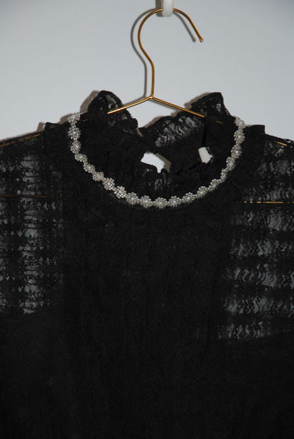 black Sandro lace tiered dress with sleeves and pearls, Dimensions / Fit: Knee-length (approx. 36–38”), fitted waist, high neck