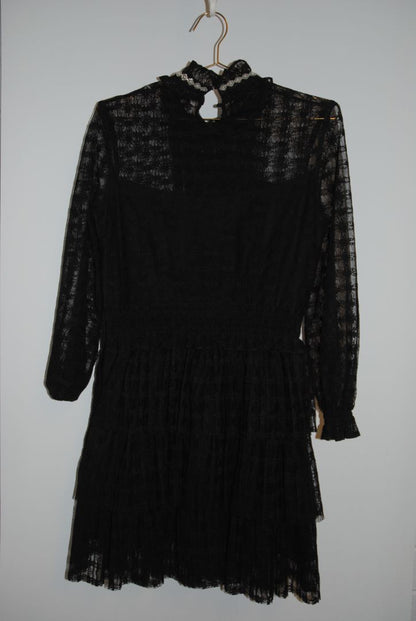 black Sandro lace tiered dress with sleeves and pearls, Dimensions / Fit: Knee-length (approx. 36–38”), fitted waist, high neck
