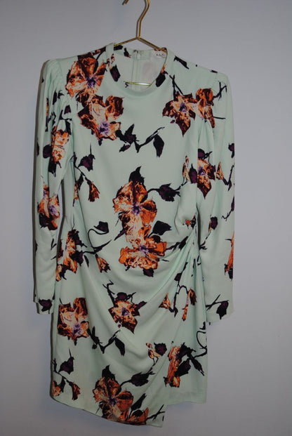 green floral ALC floral long sleeve mini dress, Dimensions / Fit: Mini length (approx. 34–36”), fitted waist, long sleeves