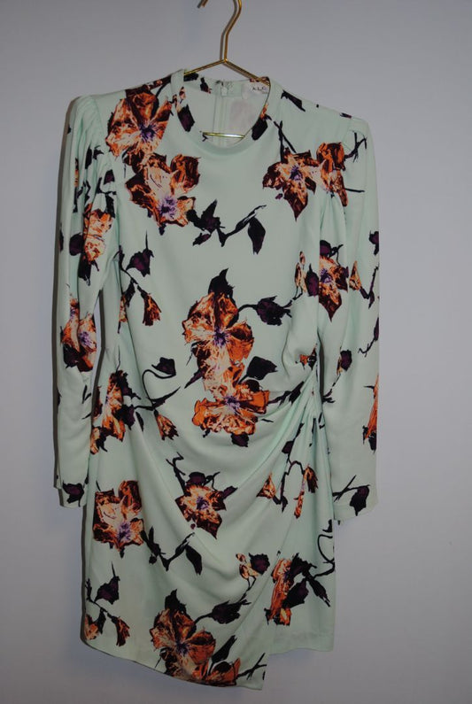 green floral ALC floral long sleeve mini dress, Dimensions / Fit: Mini length (approx. 34–36”), fitted waist, long sleeves