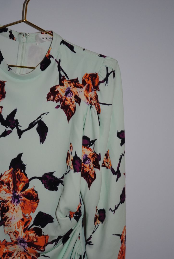 green floral ALC floral long sleeve mini dress, Dimensions / Fit: Mini length (approx. 34–36”), fitted waist, long sleeves