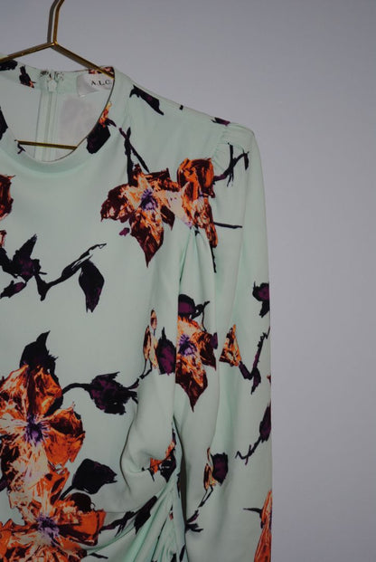 green floral ALC floral long sleeve mini dress, Dimensions / Fit: Mini length (approx. 34–36”), fitted waist, long sleeves