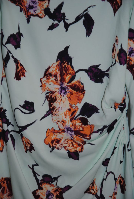 green floral ALC floral long sleeve mini dress, Dimensions / Fit: Mini length (approx. 34–36”), fitted waist, long sleeves