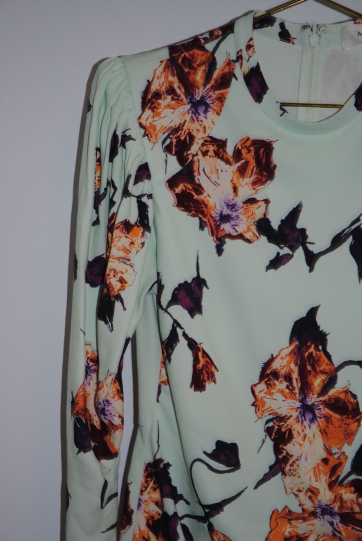 green floral ALC floral long sleeve mini dress, Dimensions / Fit: Mini length (approx. 34–36”), fitted waist, long sleeves