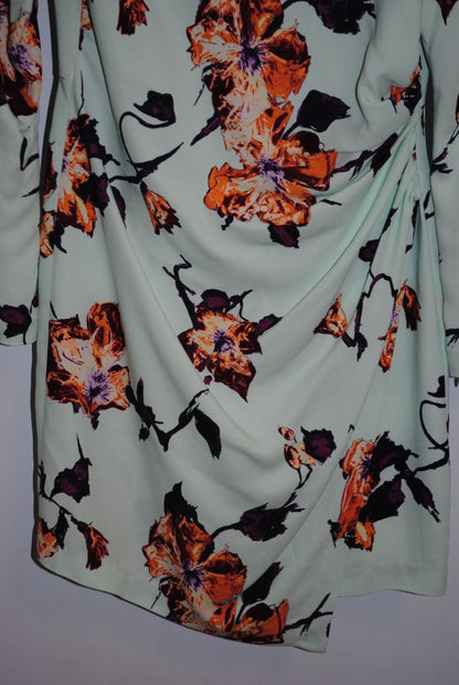 green floral ALC floral long sleeve mini dress, Dimensions / Fit: Mini length (approx. 34–36”), fitted waist, long sleeves