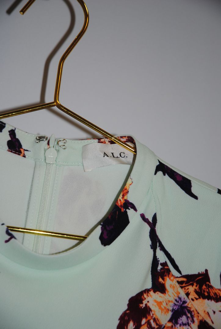 green floral ALC floral long sleeve mini dress, Dimensions / Fit: Mini length (approx. 34–36”), fitted waist, long sleeves