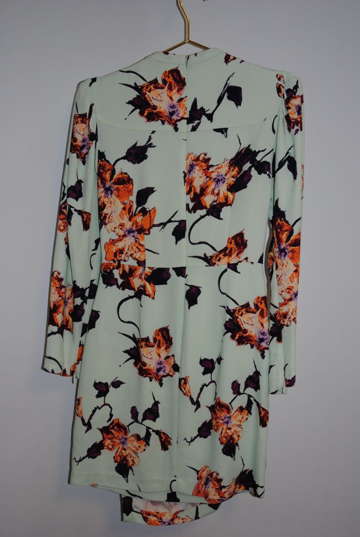green floral ALC floral long sleeve mini dress, Dimensions / Fit: Mini length (approx. 34–36”), fitted waist, long sleeves