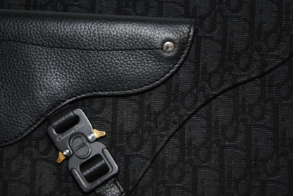 black Christian Dior Jacquard Saddle Bag with Leather Trim & Buckle Clasp, Approx. 9.5” W × 6.5” H × 2.5” D