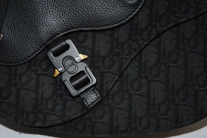 black Christian Dior Jacquard Saddle Bag with Leather Trim & Buckle Clasp, Approx. 9.5” W × 6.5” H × 2.5” D