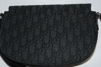 black Christian Dior Jacquard Saddle Bag with Leather Trim & Buckle Clasp, Approx. 9.5” W × 6.5” H × 2.5” D