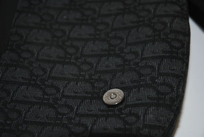 black Christian Dior Jacquard Saddle Bag with Leather Trim & Buckle Clasp, Approx. 9.5” W × 6.5” H × 2.5” D