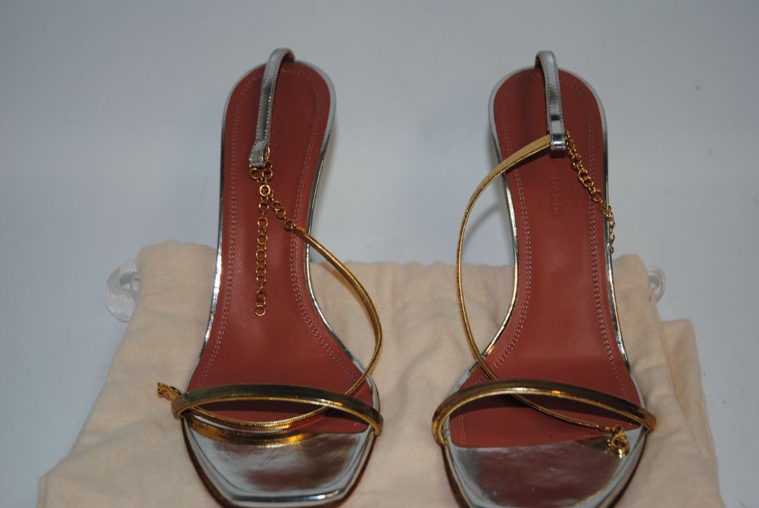 gold and silver Amina Muaddi sculpted heel, 38 EU