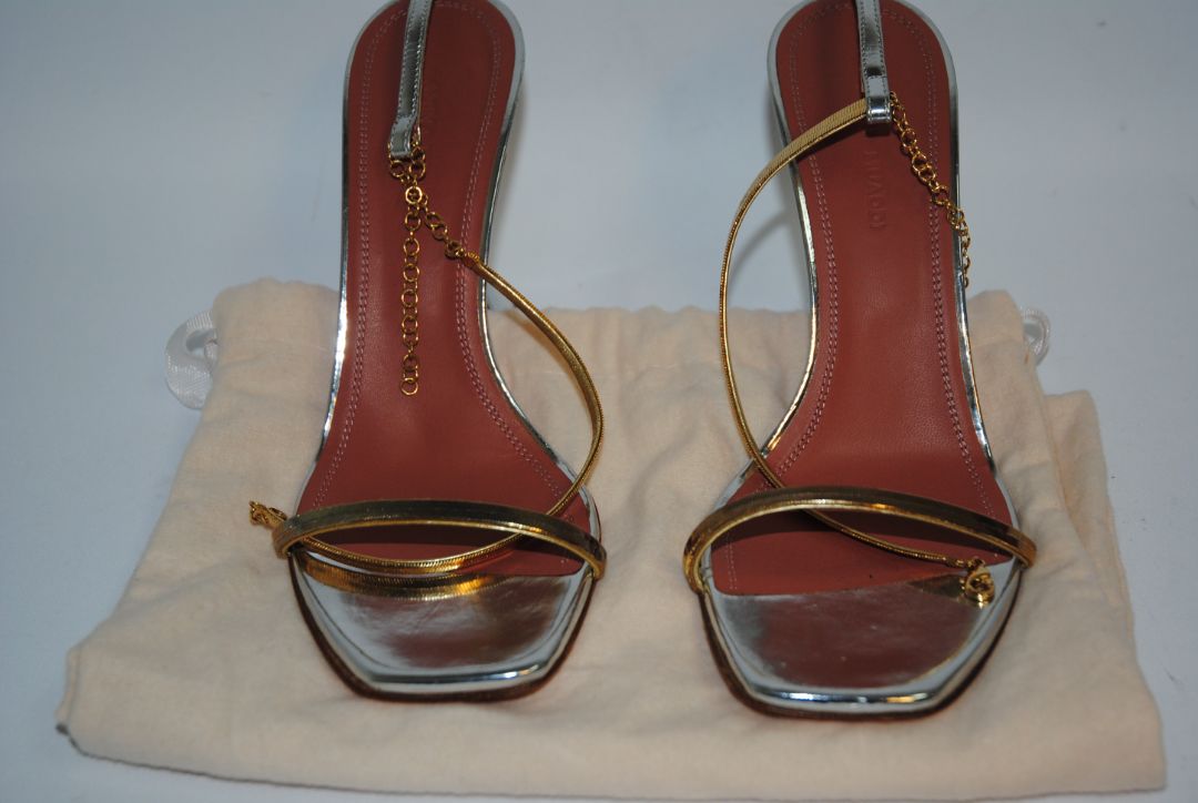 gold and silver Amina Muaddi sculpted heel, 38 EU