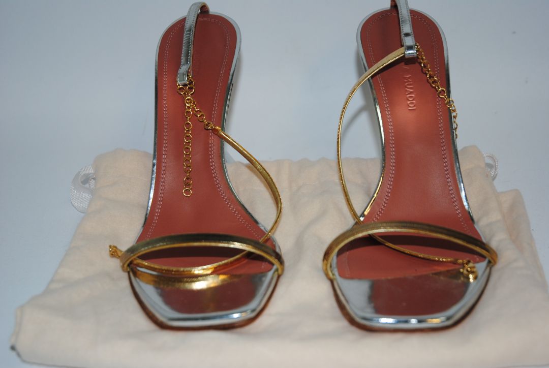 gold and silver Amina Muaddi sculpted heel, 38 EU