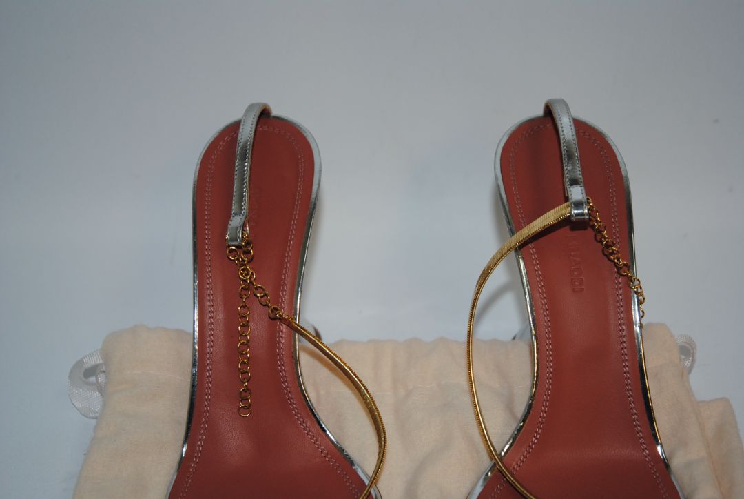 gold and silver Amina Muaddi sculpted heel, 38 EU