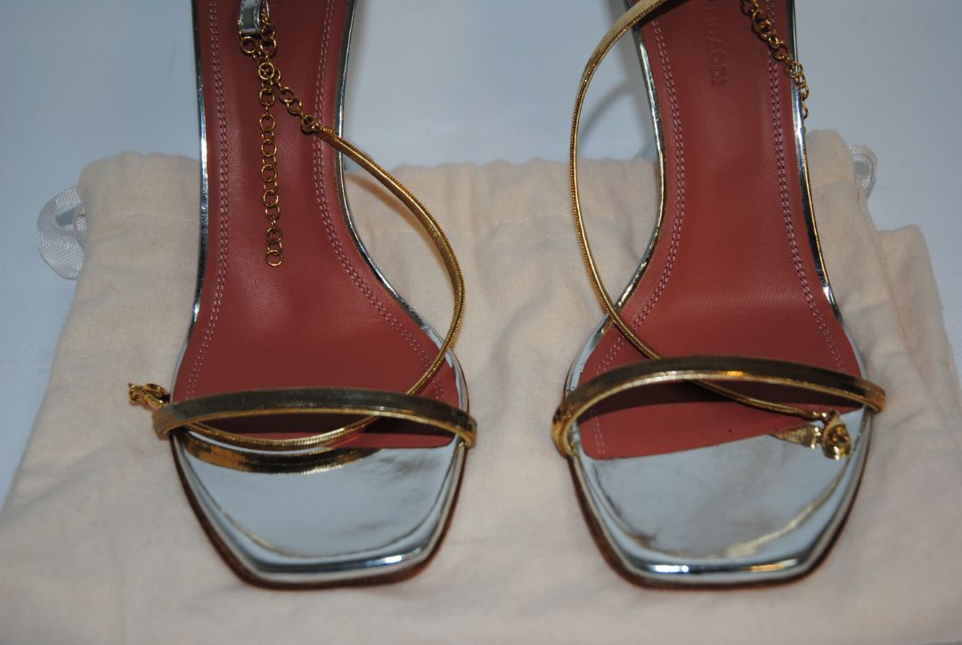 gold and silver Amina Muaddi sculpted heel, 38 EU