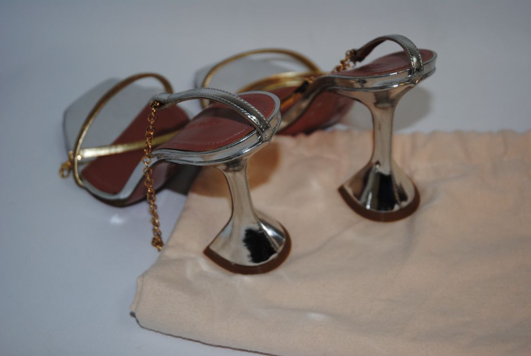 gold and silver Amina Muaddi sculpted heel, 38 EU