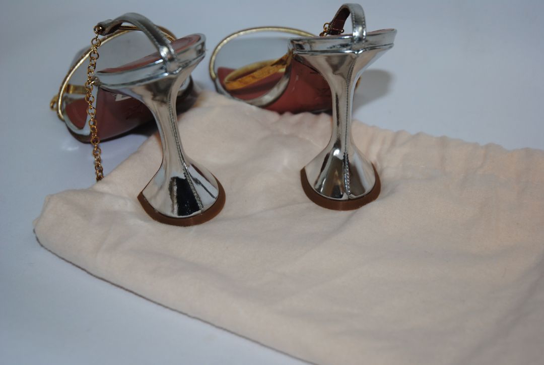 gold and silver Amina Muaddi sculpted heel, 38 EU