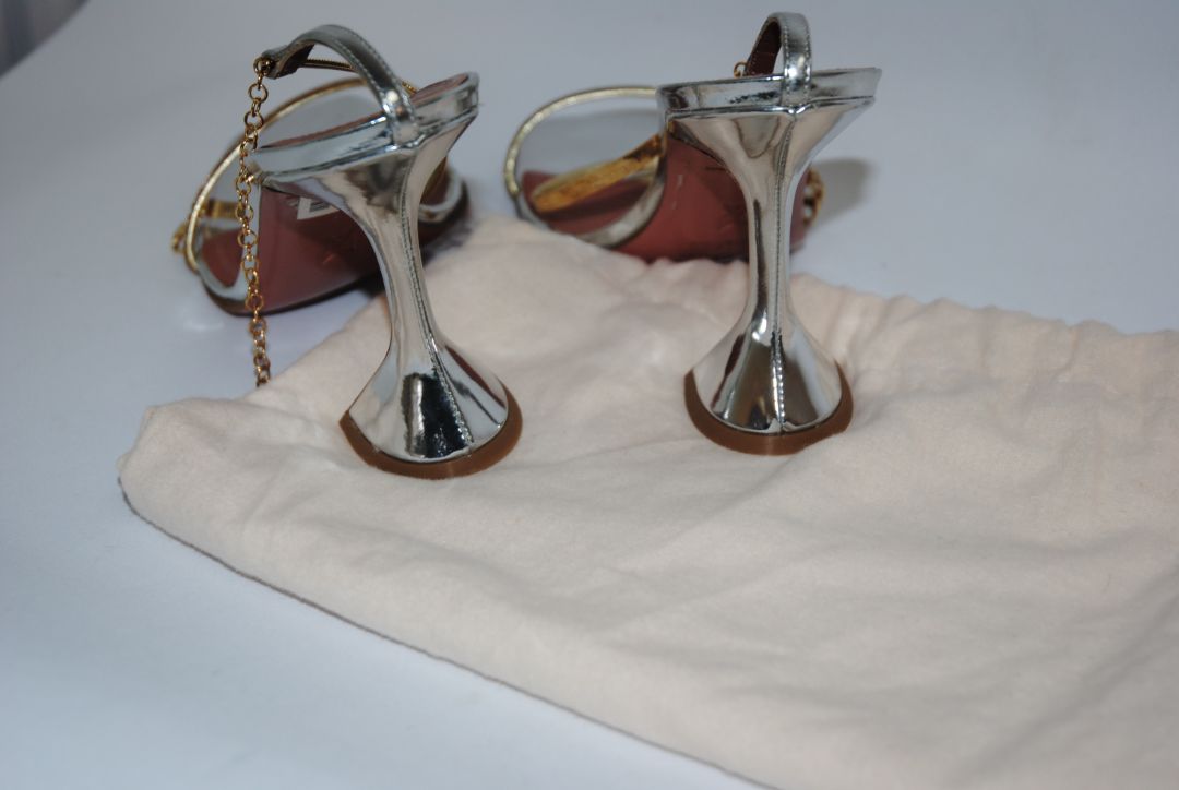 gold and silver Amina Muaddi sculpted heel, 38 EU