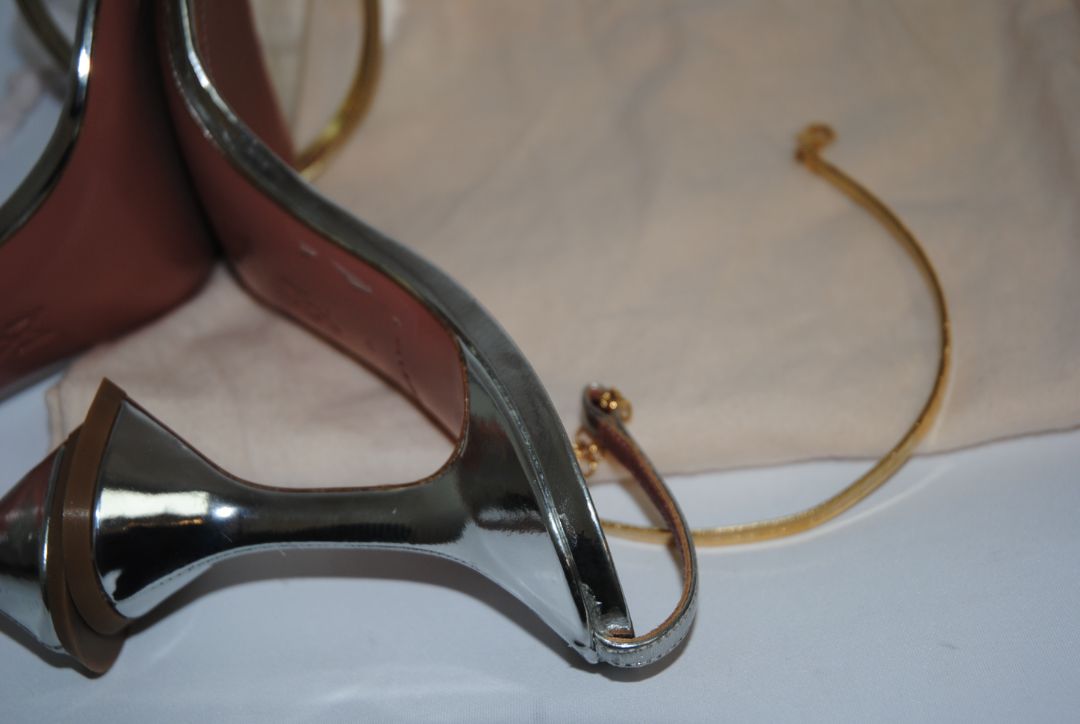 gold and silver Amina Muaddi sculpted heel, 38 EU