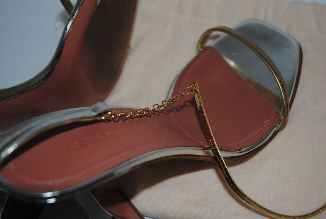 gold and silver Amina Muaddi sculpted heel, 38 EU