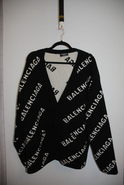 black and white Balenciaga Oversized Logo Intarsia Cardigan, L
