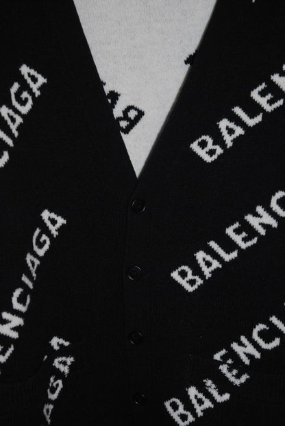 black and white Balenciaga Oversized Logo Intarsia Cardigan, L