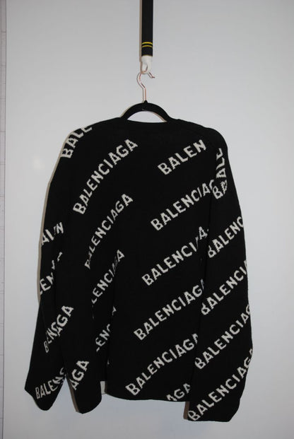black and white Balenciaga Oversized Logo Intarsia Cardigan, L
