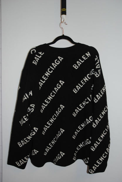 black and white Balenciaga Oversized Logo Intarsia Cardigan, L