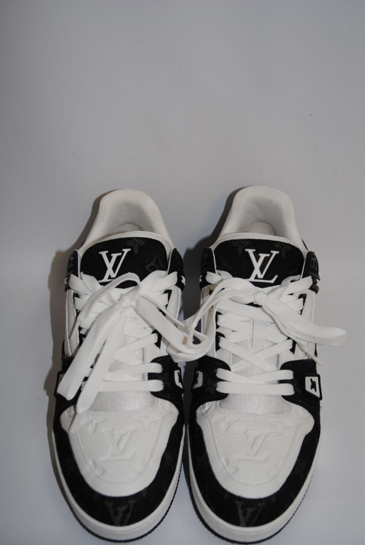 black and white Louis Vuitton LV Trainer Sneaker – Monogram Denim & White Calf Leather, 9 US