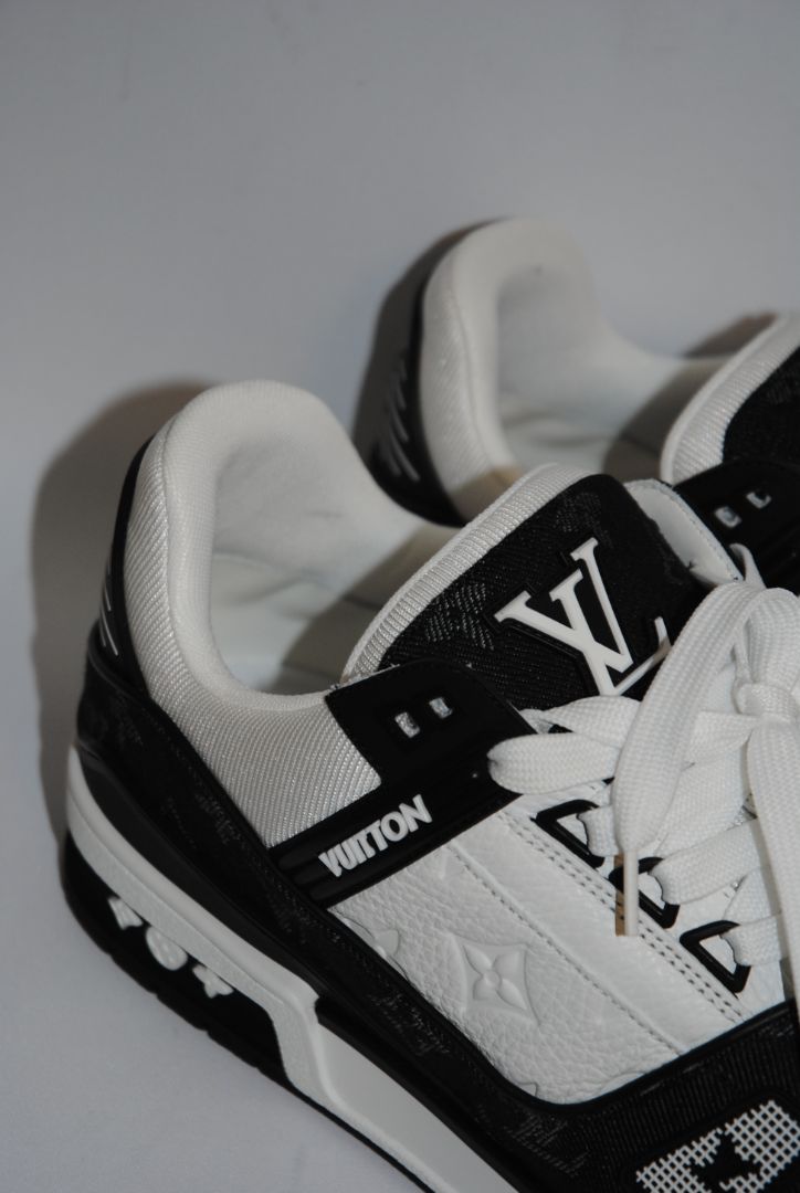 black and white Louis Vuitton LV Trainer Sneaker – Monogram Denim & White Calf Leather, 9 US