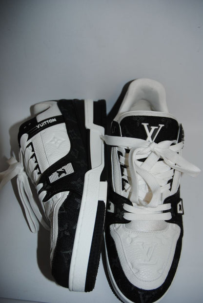 black and white Louis Vuitton LV Trainer Sneaker – Monogram Denim & White Calf Leather, 9 US