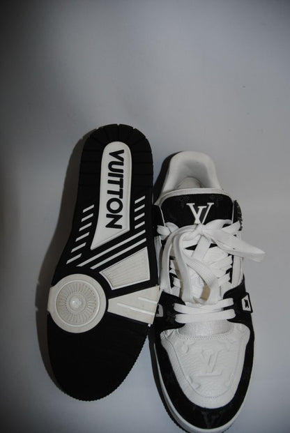 black and white Louis Vuitton LV Trainer Sneaker – Monogram Denim & White Calf Leather, 9 US