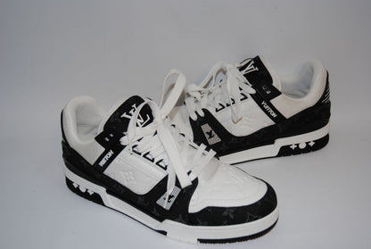 black and white Louis Vuitton LV Trainer Sneaker – Monogram Denim & White Calf Leather, 9 US