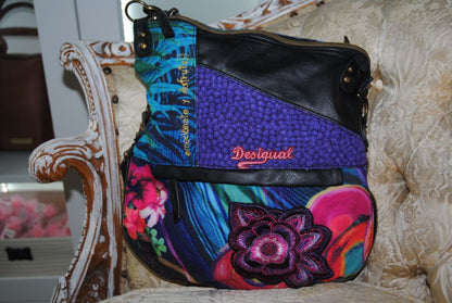 multicolor Desigual multicolor floral patchwork shoulder bag, 📏 Dimensions Height: 11 in (28 cm) Width: 13 in (33 cm) Depth: 4 in (10 cm) Strap Drop: 10–12 in (adjustable)