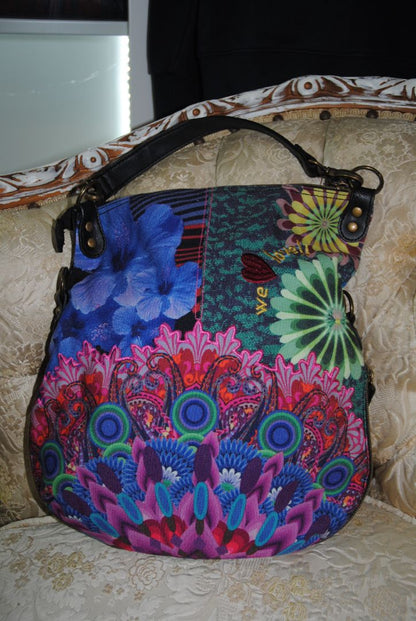 multicolor Desigual multicolor floral patchwork shoulder bag, 📏 Dimensions Height: 11 in (28 cm) Width: 13 in (33 cm) Depth: 4 in (10 cm) Strap Drop: 10–12 in (adjustable)