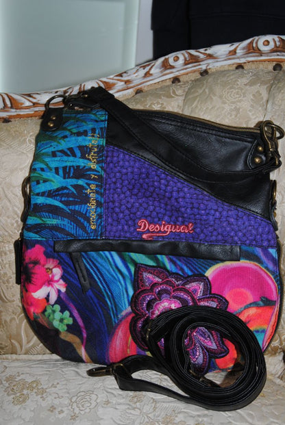 multicolor Desigual multicolor floral patchwork shoulder bag, 📏 Dimensions Height: 11 in (28 cm) Width: 13 in (33 cm) Depth: 4 in (10 cm) Strap Drop: 10–12 in (adjustable)