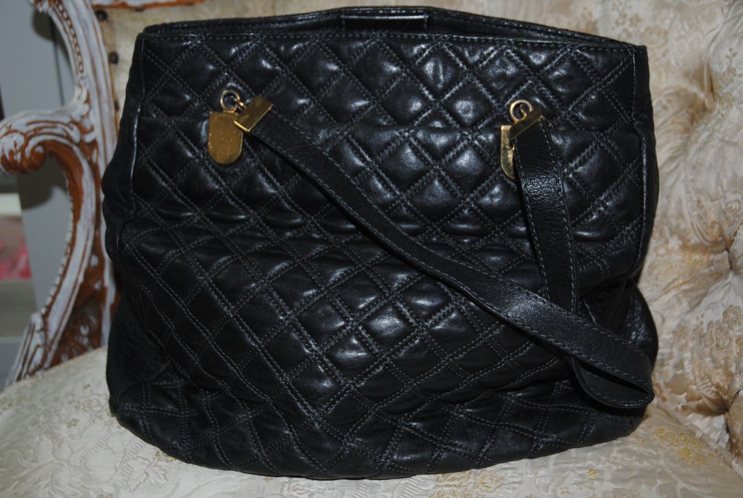 black Marc Jacobs Quilted Leather Tote Bag, Height: 13 in (33 cm) Width: 15 in (38 cm) Depth: 6 in (15 cm) Handle Drop: 8 in (20 cm)