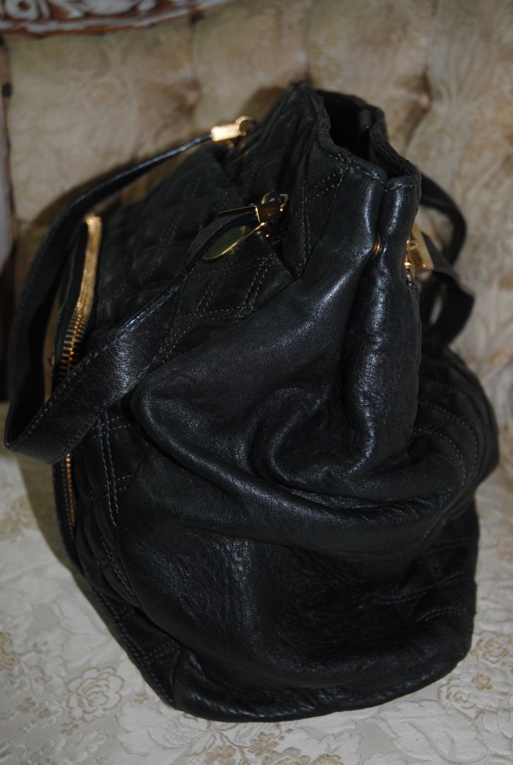 black Marc Jacobs Quilted Leather Tote Bag, Height: 13 in (33 cm) Width: 15 in (38 cm) Depth: 6 in (15 cm) Handle Drop: 8 in (20 cm)